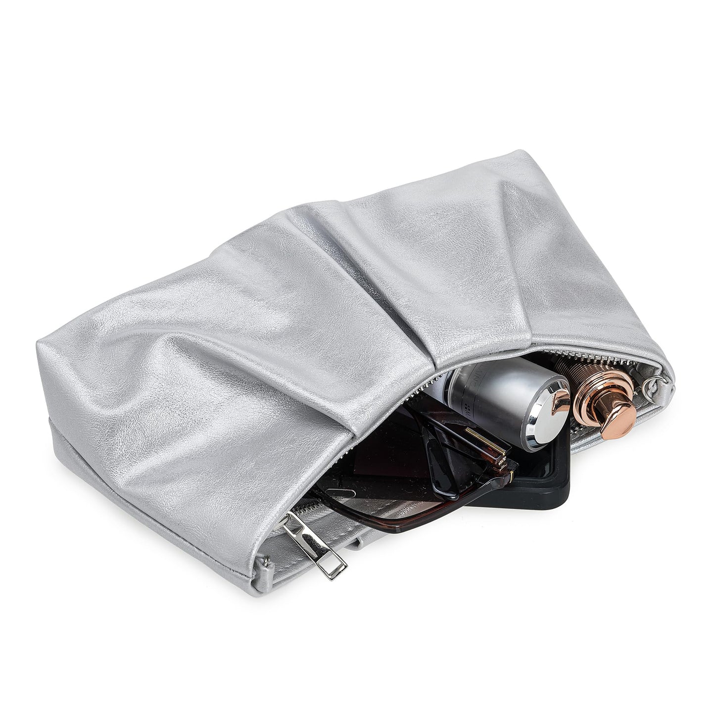 IXEBELLA Pleated PU Clutch Evening Purse for Women Dressy Formal Faux Leather Shoulder Handbag (Silver)