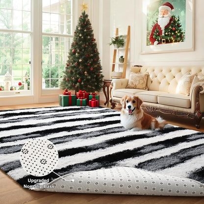 Woottpe Black and White Rugs for Living Room Bedroom, 4x6 Fluffy Soft Plush Area Rugs with Non-Slip Backing, Modern Striped Shag Fuzzy Carpets for Kids Playroom Nursery Dorms Home Decor