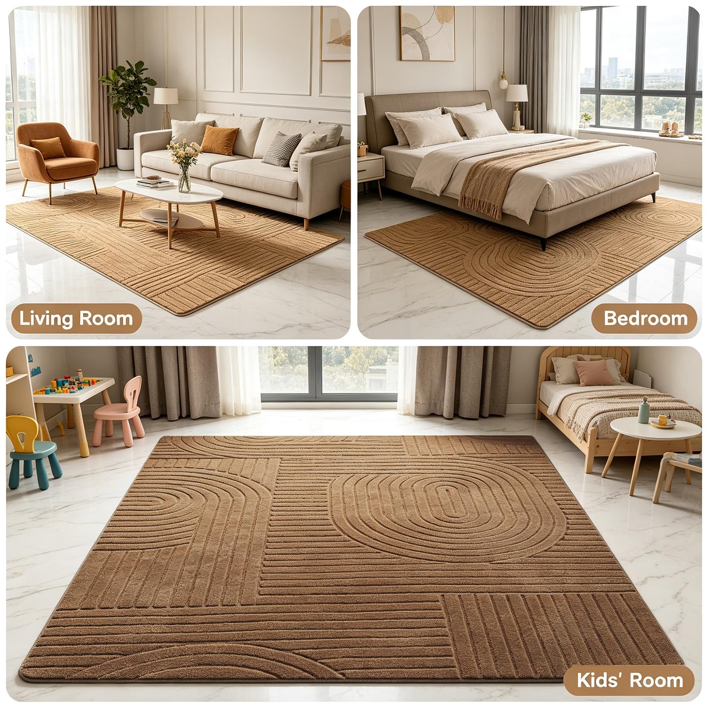 ZVFFDG 8x10 Large Solid Color Area Rug, Washable Living Room Rug, Ultra Soft High-Low Rugs for Bedroom, Non-Slip Geometric Textured Indoor Carpet for Nursery, Kids Room, Apartment, Home Office, Brown