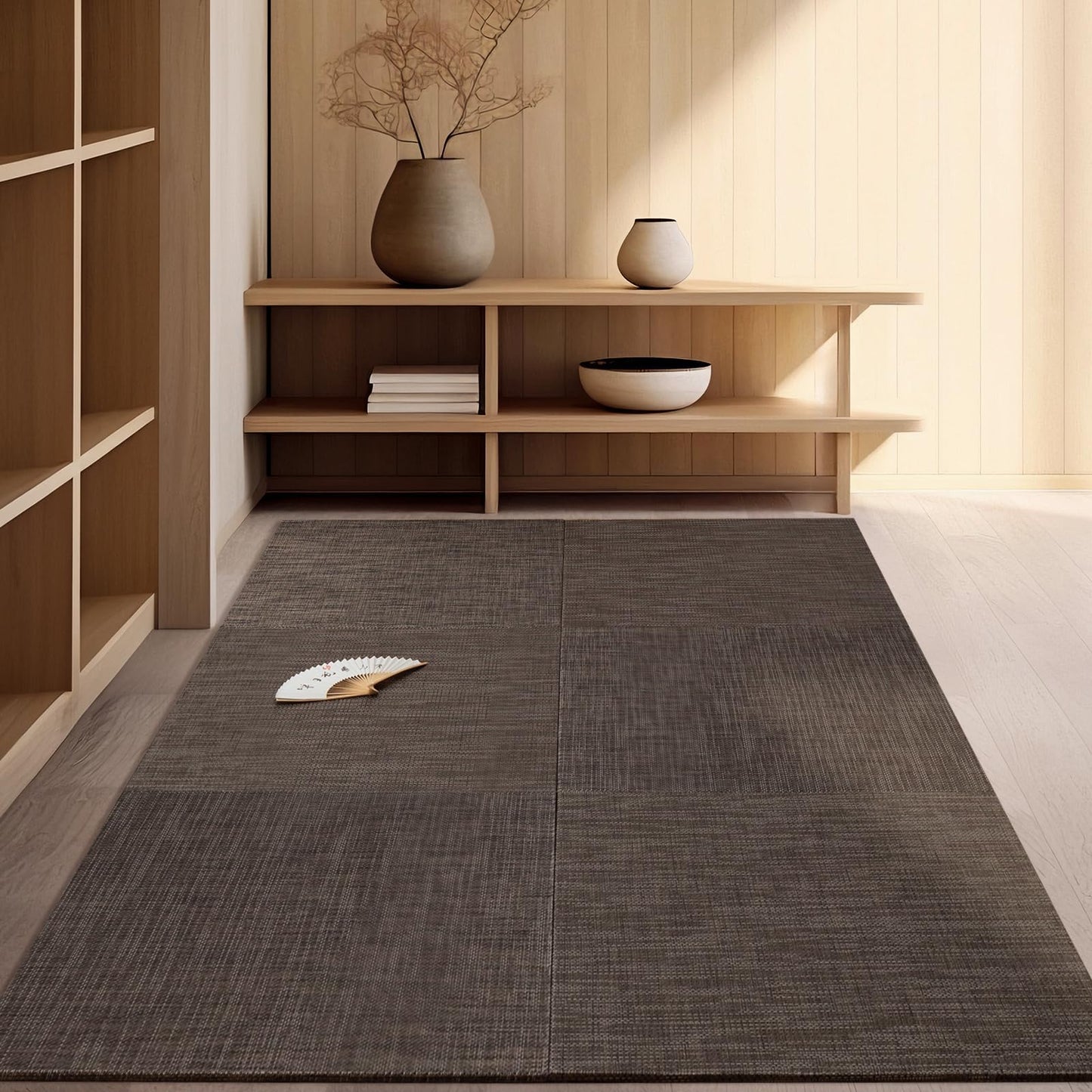 HAGiHARA Japanese Tatami Mat, PVC Patchwork Tatami Floor Mats, 96" x 64" Foldable Square with Non-Slip Design for Bedroom, Sleeping, Crawling and Yoga(Dark Gray/6 Picecs)
