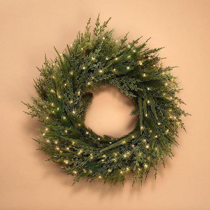LampLust Winter Wreaths for Front Door Outside, 24 Inch Alpine Fir, Hemlock & Cypress Evergreen Wreath, 100 LED Lights, Battery Powered, Timer, Farmhouse Wreath Year Round, Winter Wreaths for Indoors