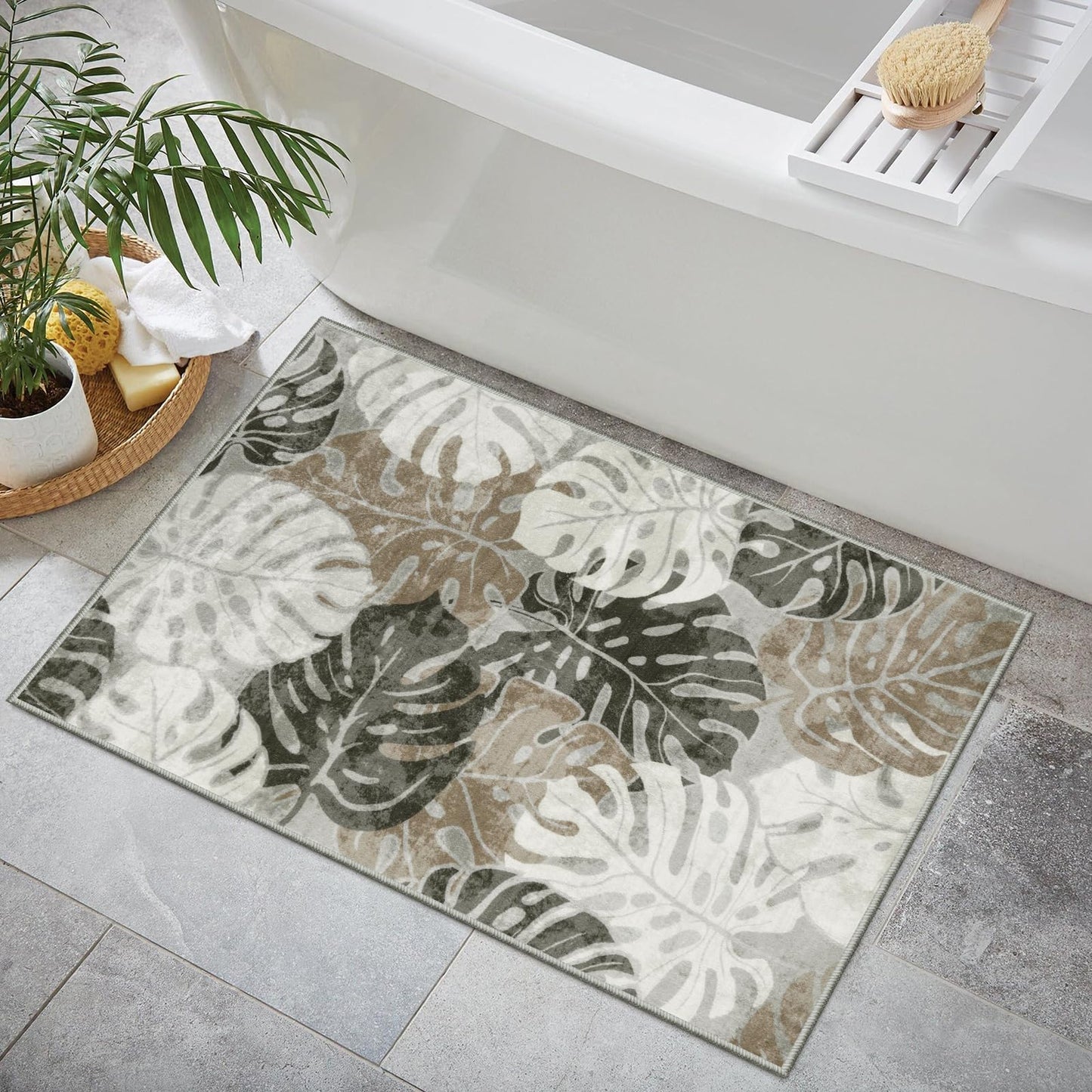 Wonnitar Tropical Washable Rugs 2x3, Non-Slip Leaf Rugs for Entryway Front Door Indoor Entrance, Monstera Plant Bath Mat Soft Low Pile Area Carpets for Bathroom Bedroom Decor, Khaki