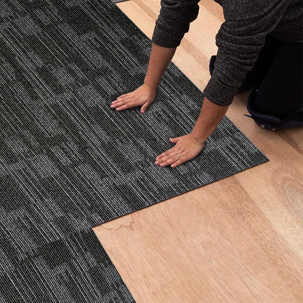 LITA Carpet Tiles Reusable 24" x 24" Squares Indoor/Outdoor 0.25" Pile Height Loop Pile, Non Slip Easy DIY Installation Peel and Stick Carpet Tile, Gray Polypropylene, (18 Tiles) (72 sqft/Box)