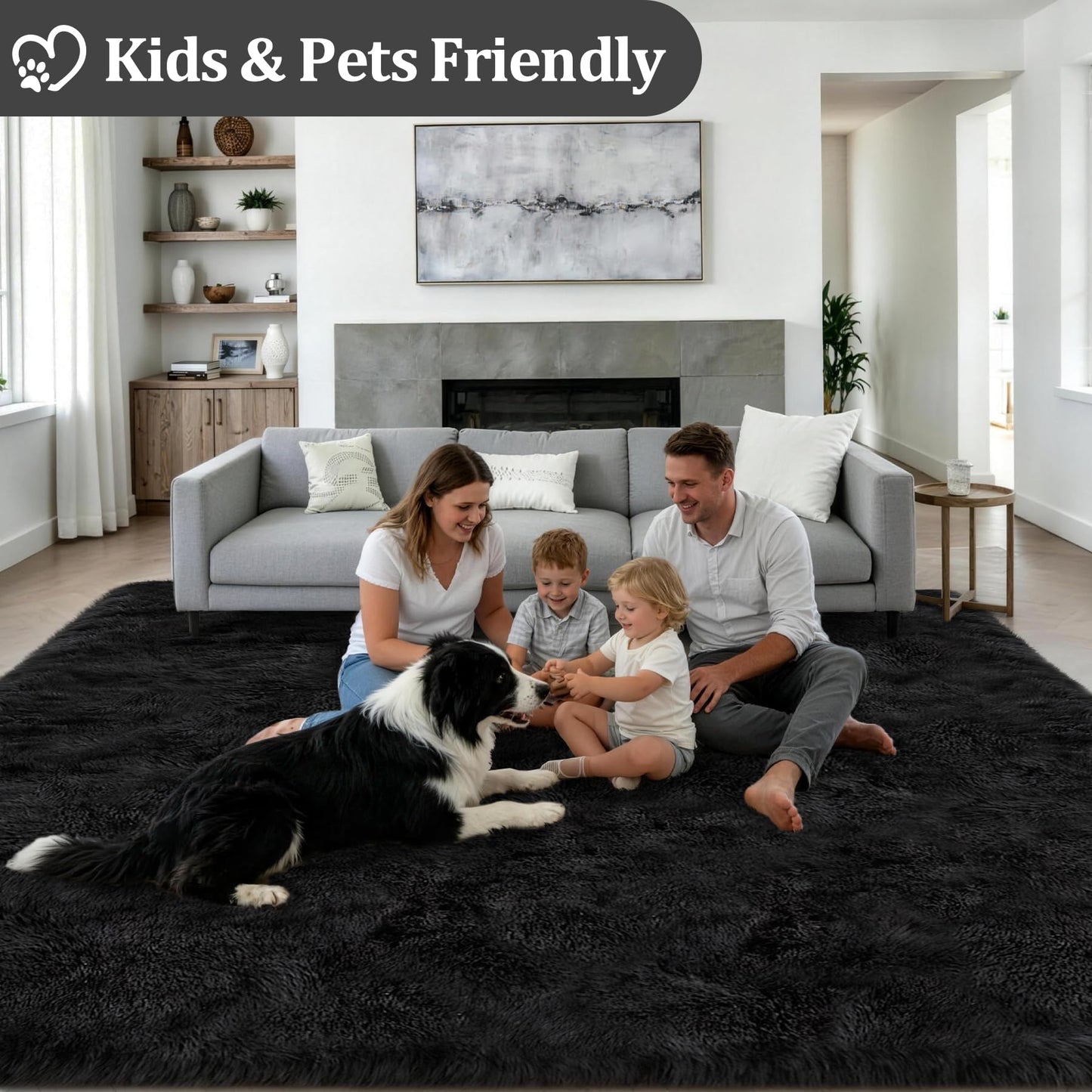 Fluffy Area Rugs 9x12 Living Room Bedroom: Ultra Soft Shag Rug Upgrade Non-Slip Non-Shedding Large Fuzzy Plush Carpet Indoor Floor Carpets for Kids Room Playroom Nursery Dorms Home Decor Black
