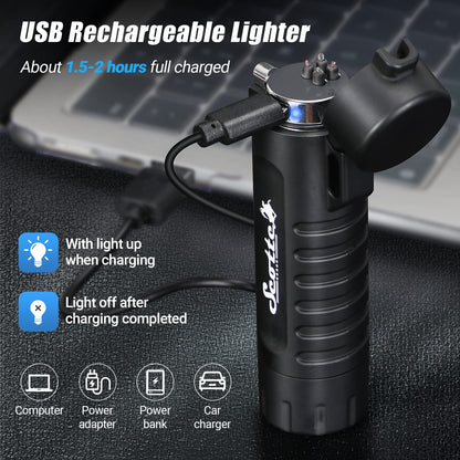 Scotte Plasma Windproof Arc Lighter Electric Lighter and LED Flashlight - 2 in 1 (Black)/5 in 1 Magnesium Fire Starter for Emergency Survival, Candle, Camping, Hiking, All Weather Magnesium Ferro Rod