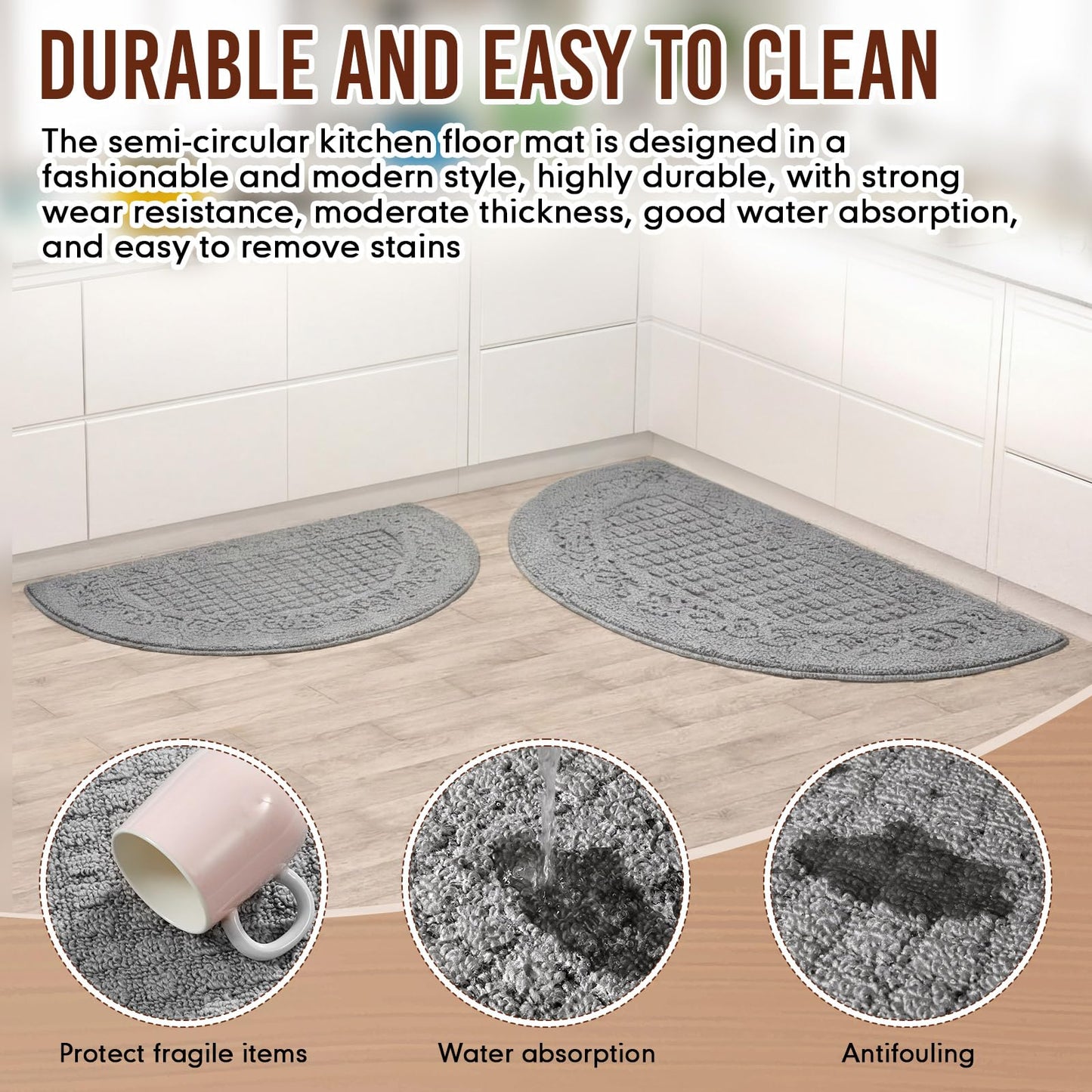 Drydiet 2 Pcs Kitchen Rugs 15 x 22 Inches 18 x 30 Inches Kitchen Mats Non Skid Washable Doormat Indoor Entrance Absorbent Standing Half Circle Carpet for Home Floor Patio Garage Door(Grey)