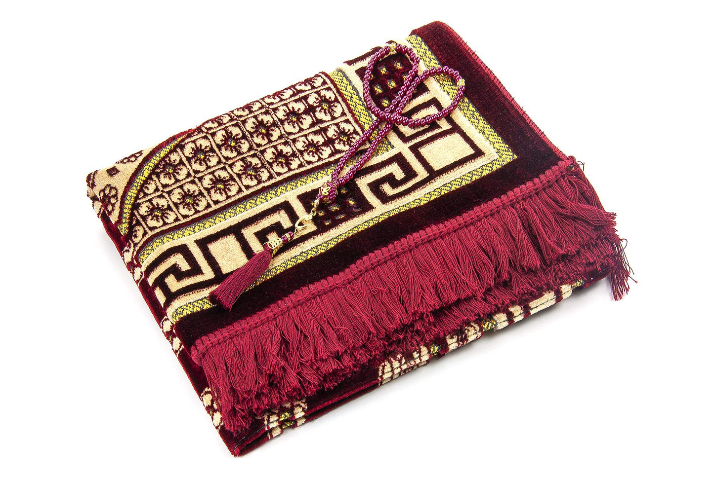 ihvan online Luxury Velvet Muslim Prayer Rug with Prayer Beads, Janamaz, Thick Soft Sajadah, Islamic Gift, Portable Prayer Carpet Mat, Velvet Fabric, Red