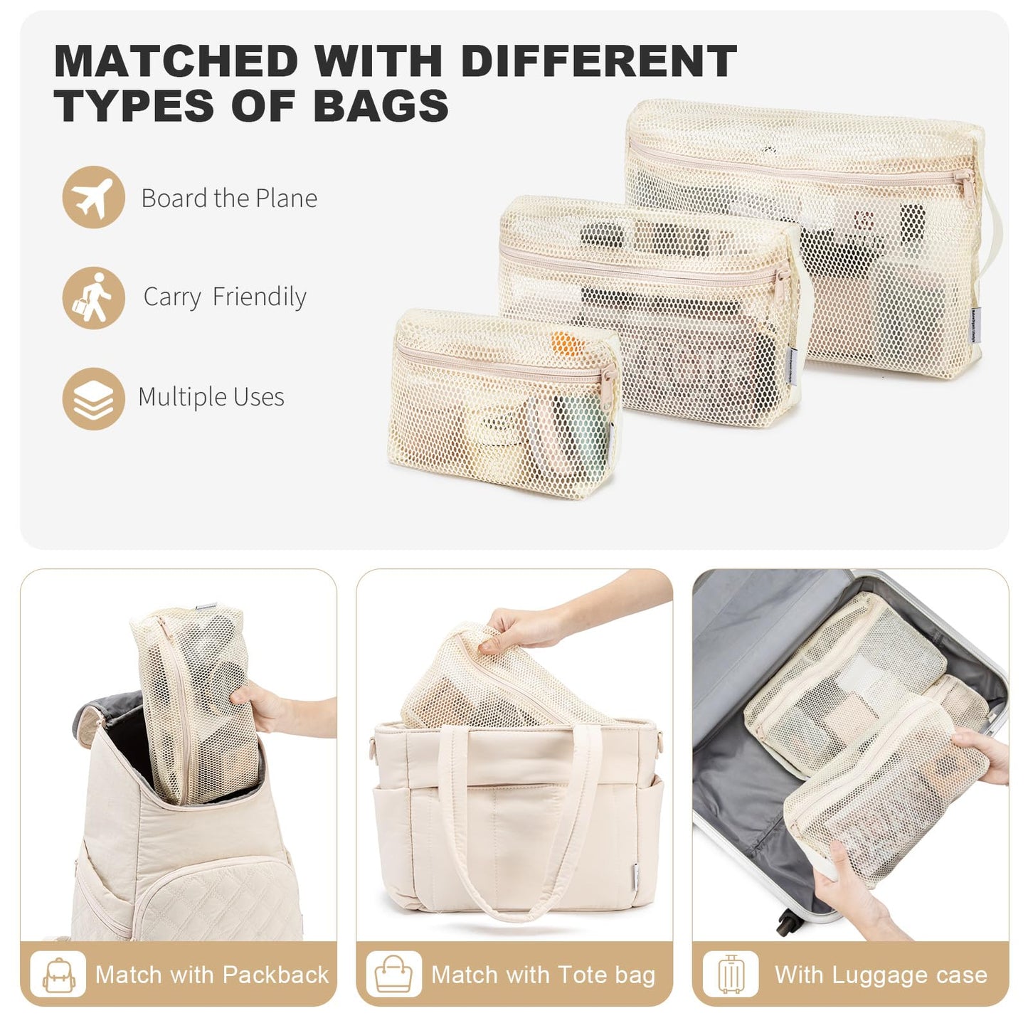 NOL Natural Organic Lifestyle 3-Pack Mesh Travel Toiletry Bags - Clear Zipper Travel Organizer, Airport Carry-On Compliant Reusable Cosmetic Makeup Bag for Women & Men (Cream)
