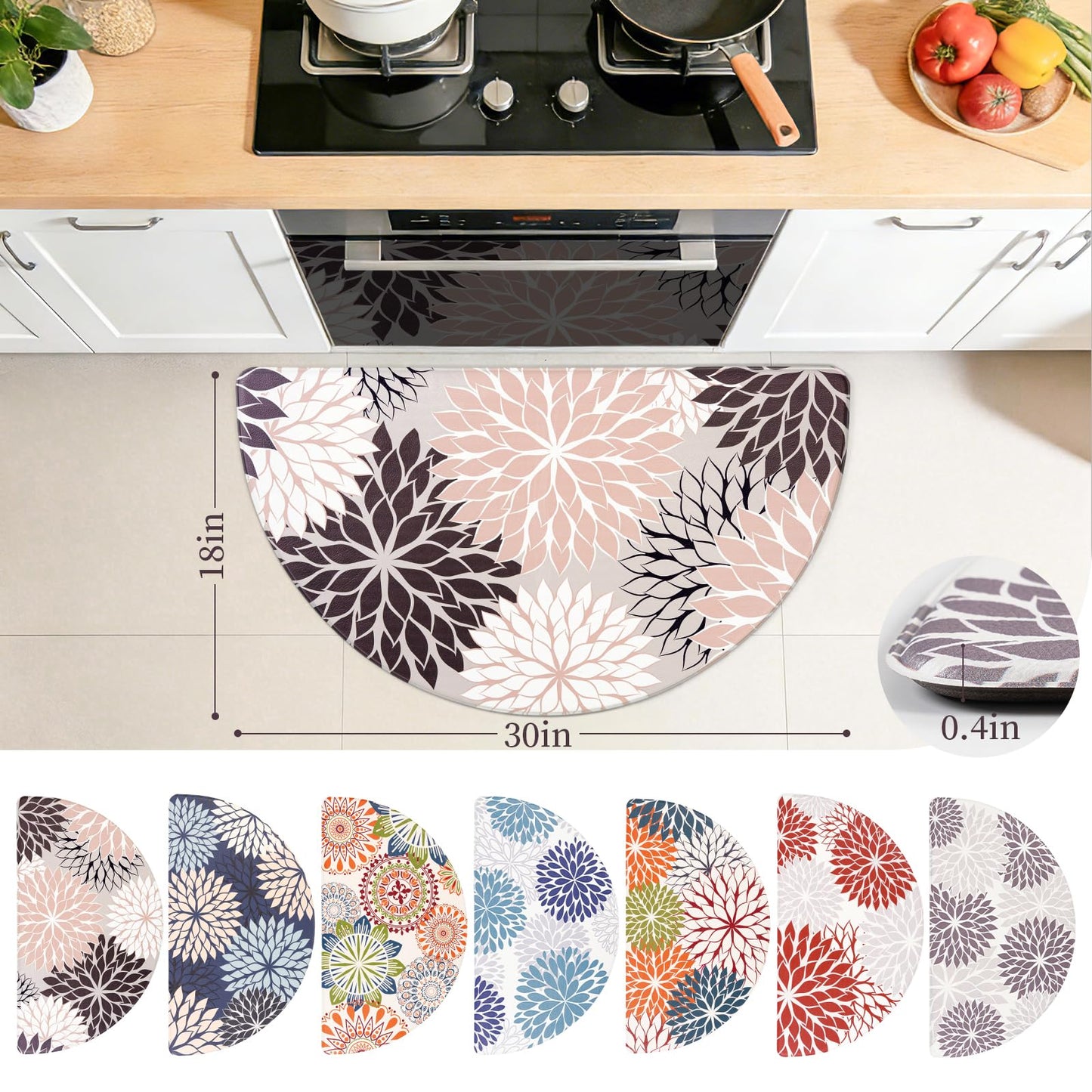 CHICNOOK Half Circle Kitchen Mat for Floor, Red Dahlia Floral Kitchen Rug
