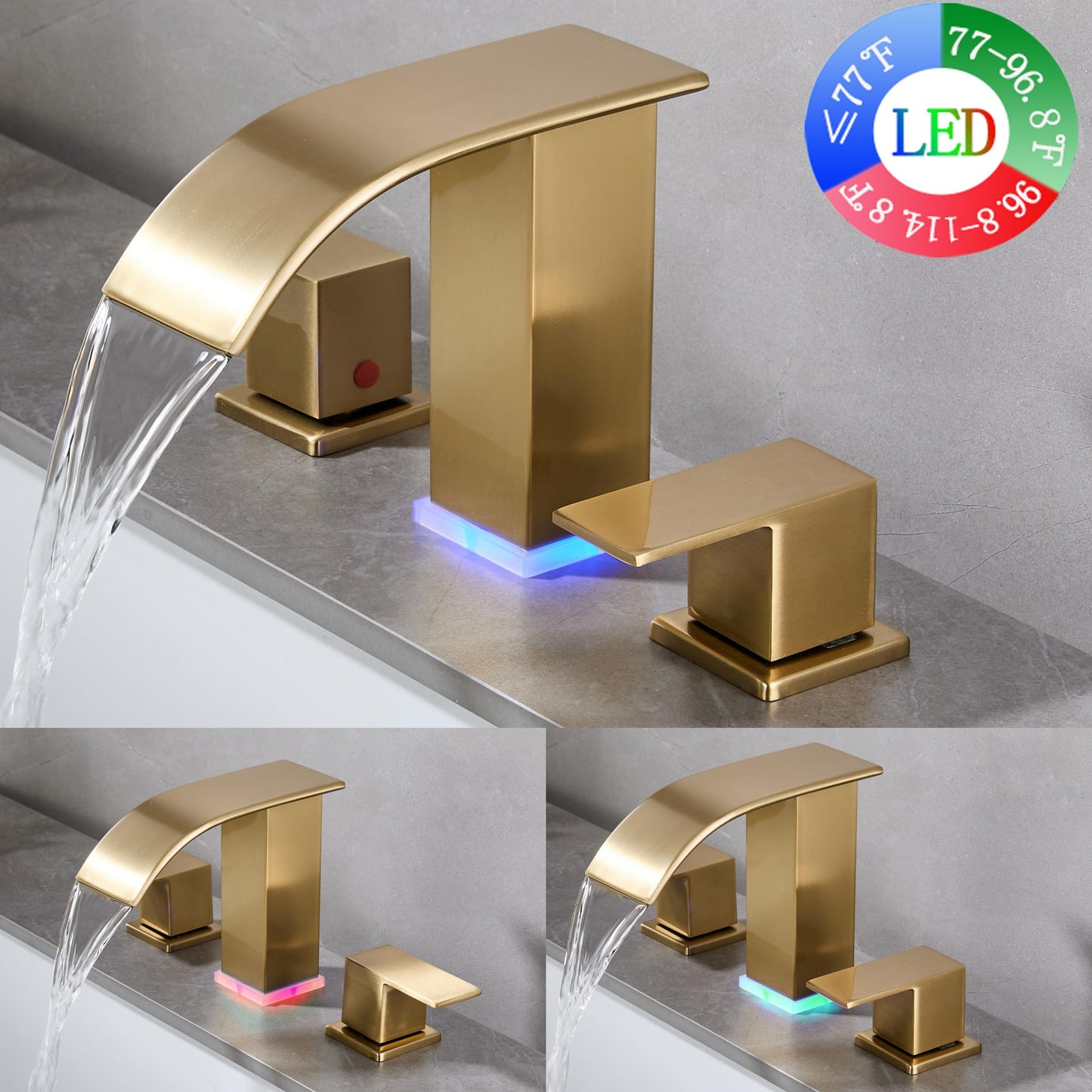 Brushed Gold Bathroom Faucet 3 Hole Widespread Waterfall Vanity Faucet for Bathroom Sink, Modern Touch on Two Handle Gold Faucet (Brushed Gold)