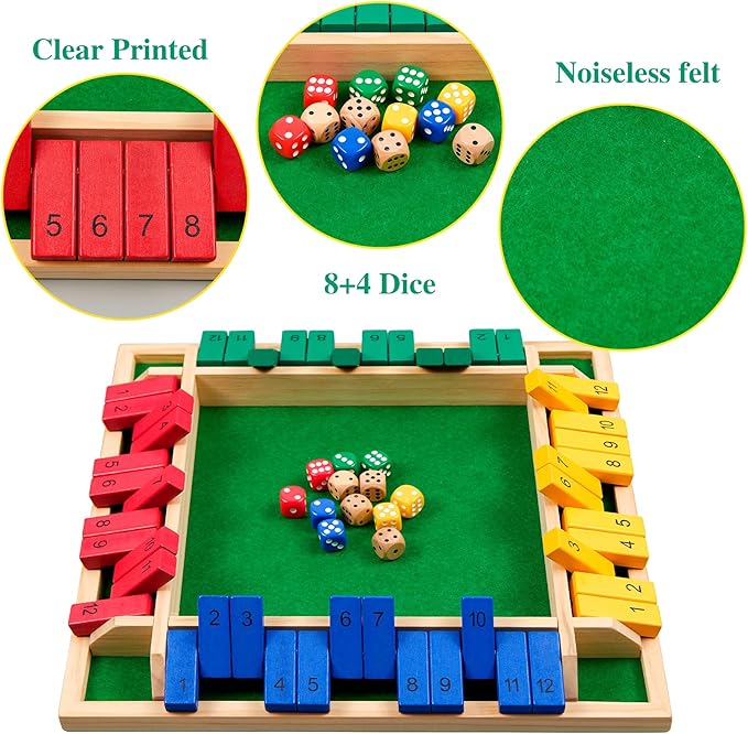 14 inches Shut The Box Dice Game 2-4 Player Upgraded 12 Numbers Wooden Board Table Math Games for Adults and Kids 12 Dices Classics Tabletop Version Games for ClassroomHomeParty or Pub