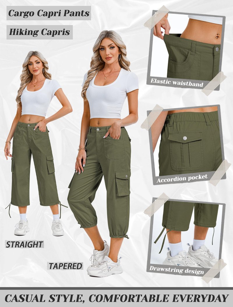 Eddoyee Cargo Capris for Women Pants Cotton Hiking Pants with 6 Pockets Elastic Waist Casual Summer Pants 2026