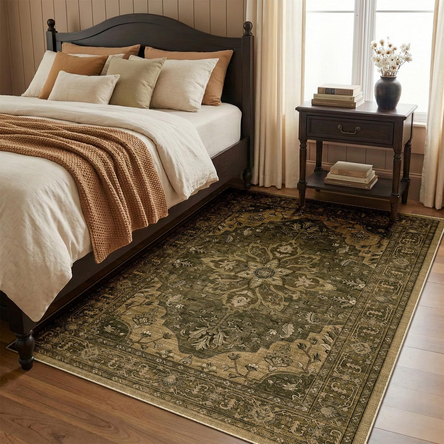 RELEANY Area Rugs 5'x7' Washable Non-Slip, Floral Vintage Distress Medallion Carpet for Living Room Bedroom Dining Room, Brown Dark Brown