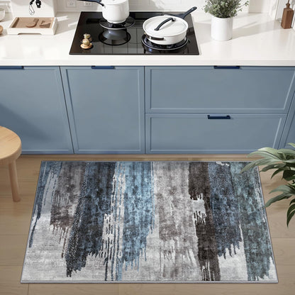 Ciicool Modern Abstract Area Rug 2x3 Washable Small Entryway Rug, Non-Slip Low Pile Throw Rug, Foldable Kitchen Bathroom Rugs, Blue Grey Floor Carpet for Entrance Living Room Bedroom Indoor Doormat
