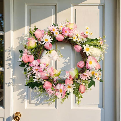 Spring Summer Wreath for Front Door 20”, Artificial Flower Door Wreath with Pink White Roses Tulip Dasiy Wreaths with Hook for Windows Wall Deco Indoor Outdoor