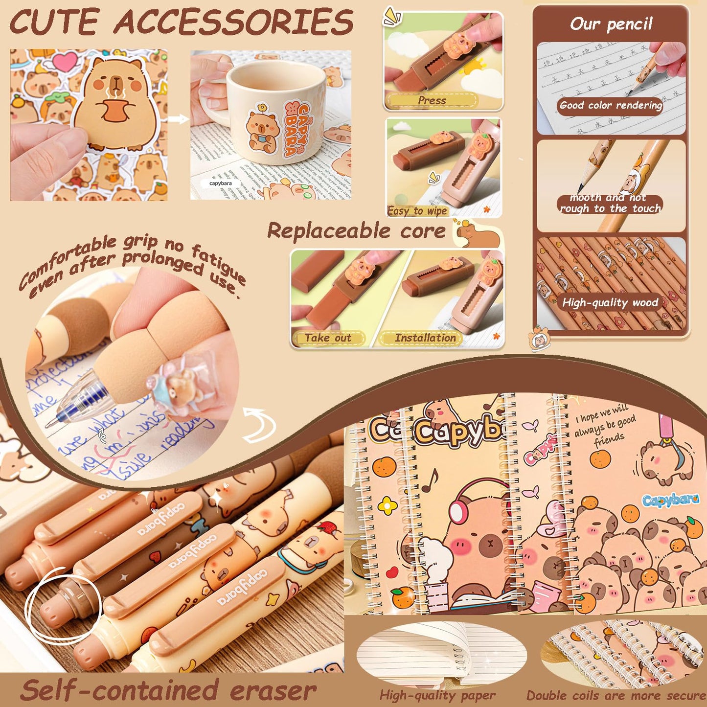 Cute Capybara Stationery Set - Large Pencil Case, 4 A5 Spiral Notebooks, 10 Ballpoint Pens (2 Styles), 12 Pencils, 2 Erasers - Perfect Back-to-School Essentials and Birthday Gift for Kids (Capybara)