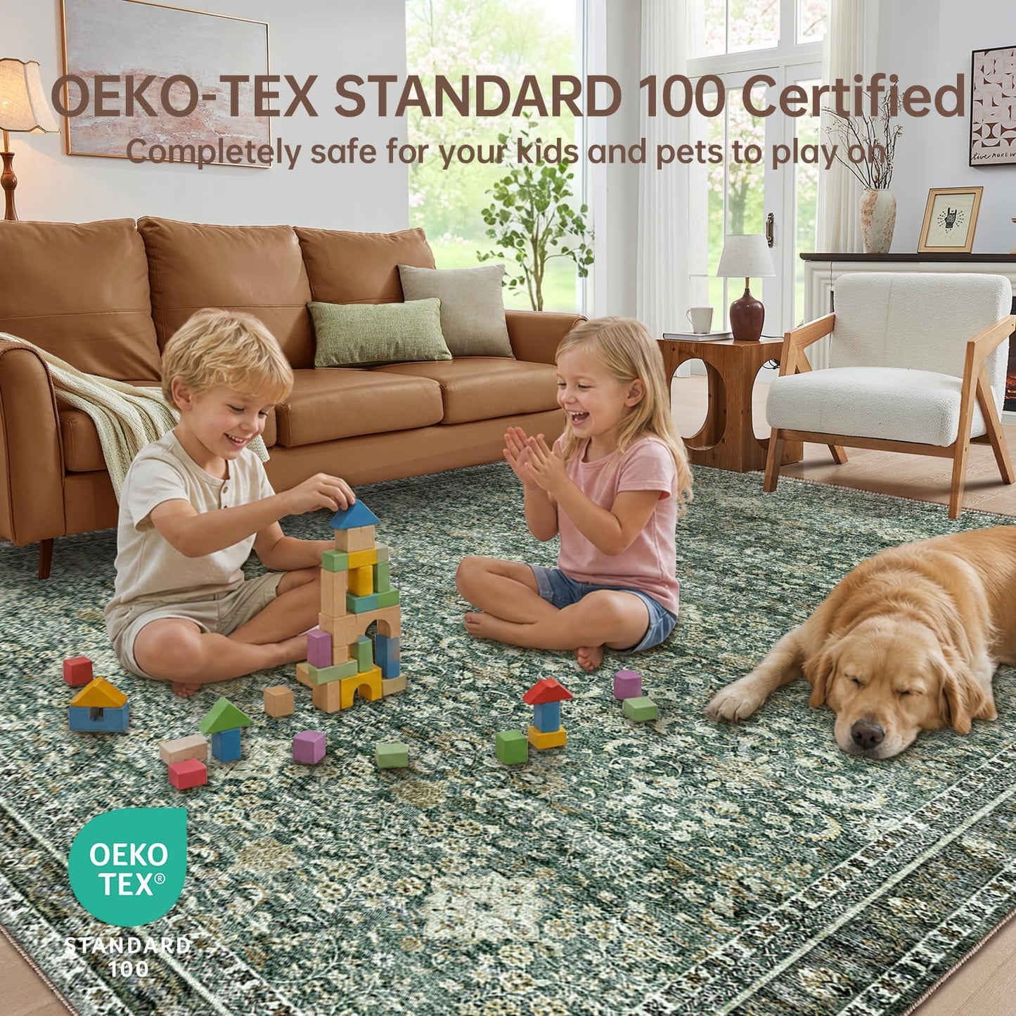 Sasttie 4x6 Area Rug, Ultra-Soft Washable Rug, Low Pile Foldable Thin Carpets with Non-Slip Backing, Skin-Friendly Stain Resistant Carpet for Living Room, Bedroom, Kitchen, Dorm, 4x6, Dark Green