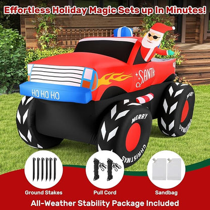 7FT Christmas Inflatables Outdoor, Santa Claus on Monster Truck Blow Up Yard Decor with Built-in LED Lights, Waterproof Xmas Decorations for Garden Lawn Holiday Party