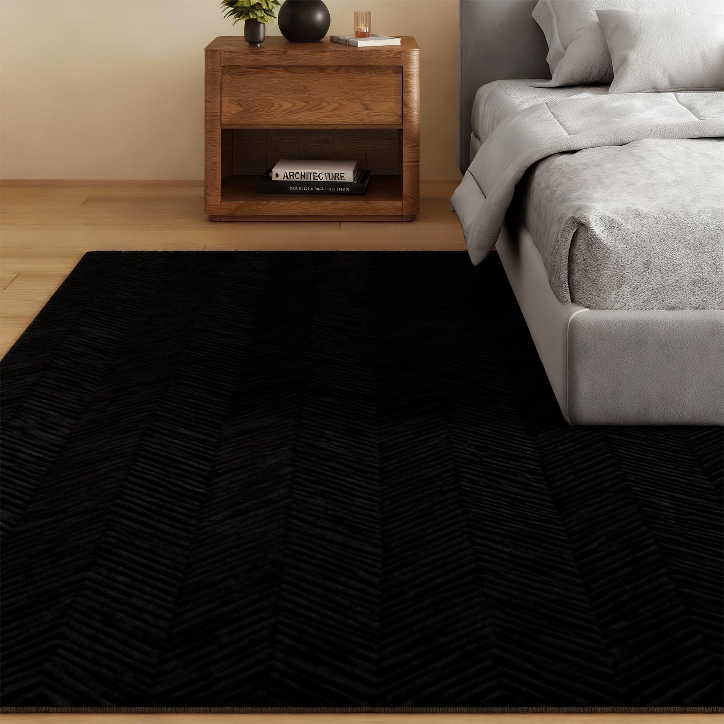 CASTLYE Area Rug for Living Room - 3x5 Soft Faux Rabbit Fur Modern Geometric Wave Carpet for Bedroom, Black
