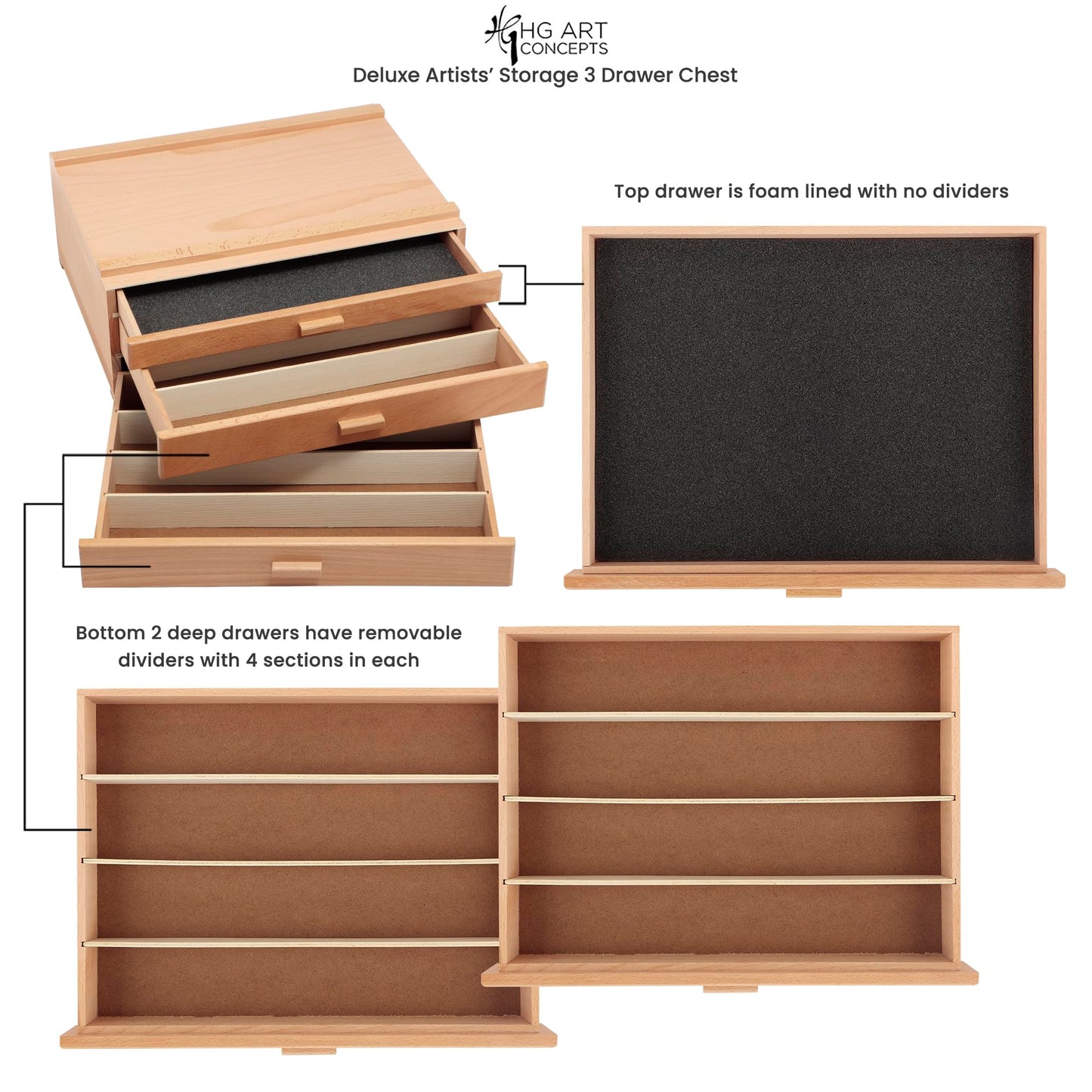HG Art Concepts Artists Storage Chests - Premium Studio Organizer for Paint Tubes, Brushes, Pecils, Markers, & More! - 3 Drawer - 2 Pack