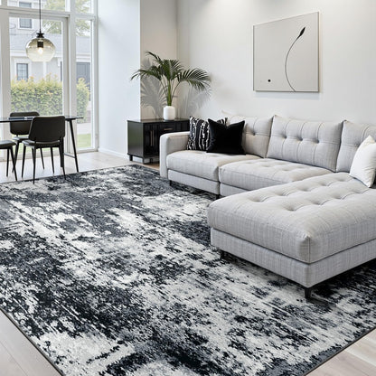 RELEANY Washable Area Rugs 8'x10' Non-Slip Modern Abstract Soft for Living Room Entryway Bedroom Kitchen, Print Pattern, Black Navy Blue Gray