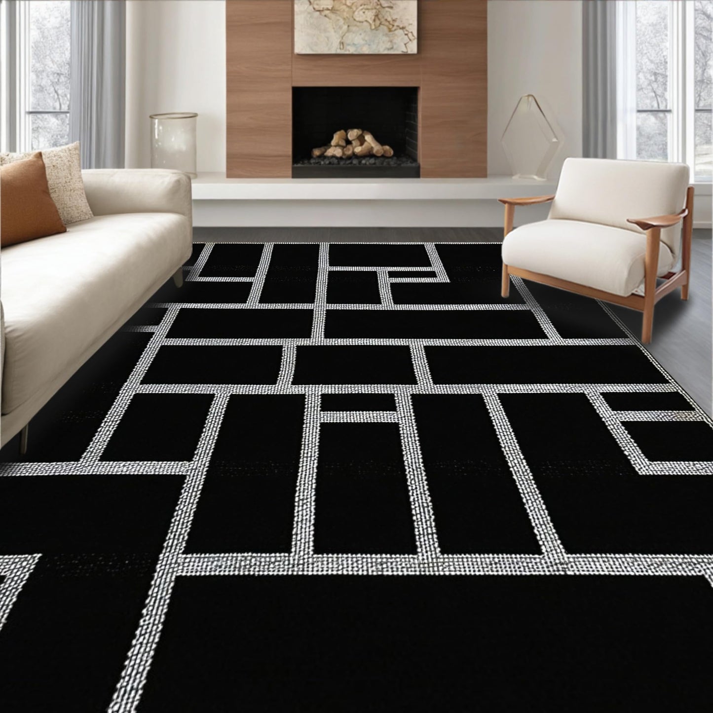 ODIKA Flatwoven High Traffic Area Rug 4x6, Acoustic Sound Absorbing Tiles for Studios & Apartments, Non Slip, Stain Resistant, Washable Area Rugs for Living Room, Bedroom (Black, 4x6)