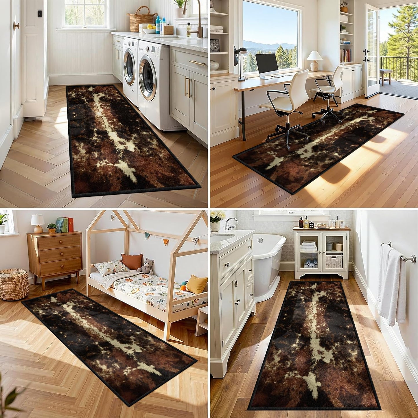 Bycmuoz Cowhide Runner Rug, 2x6ft, Western Faux Animal Hide Entryway Rug for Hallway Entryway, Non Slip Rustic Farmhouse Kitchen Runner, Washable Absorbent Carpet Brown