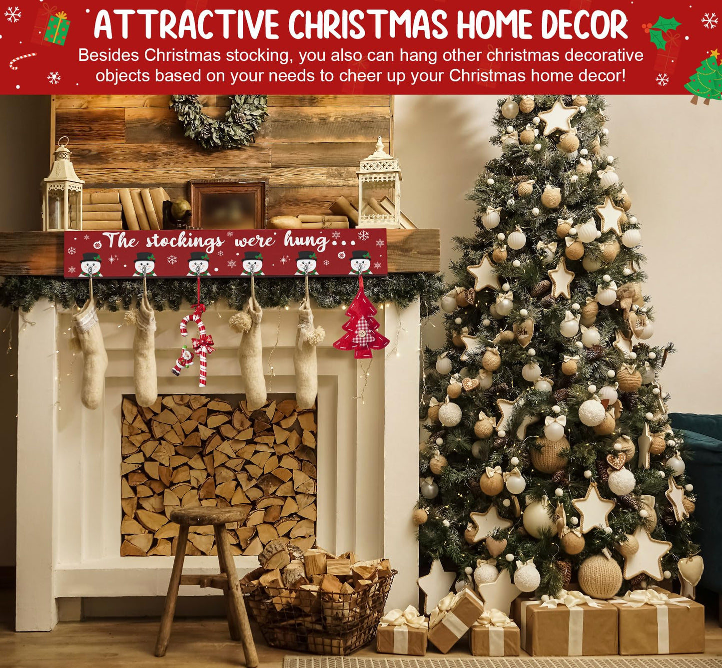 Christmas Stocking Holder Mantle Christmas Stocking Hangers for Mantel Fireplace Wall Hanging Sign with 6 Hangers Collapsible And the Stockings Were Hung Christmas Stocking Hooks Xmas Decor 28.4 Inch