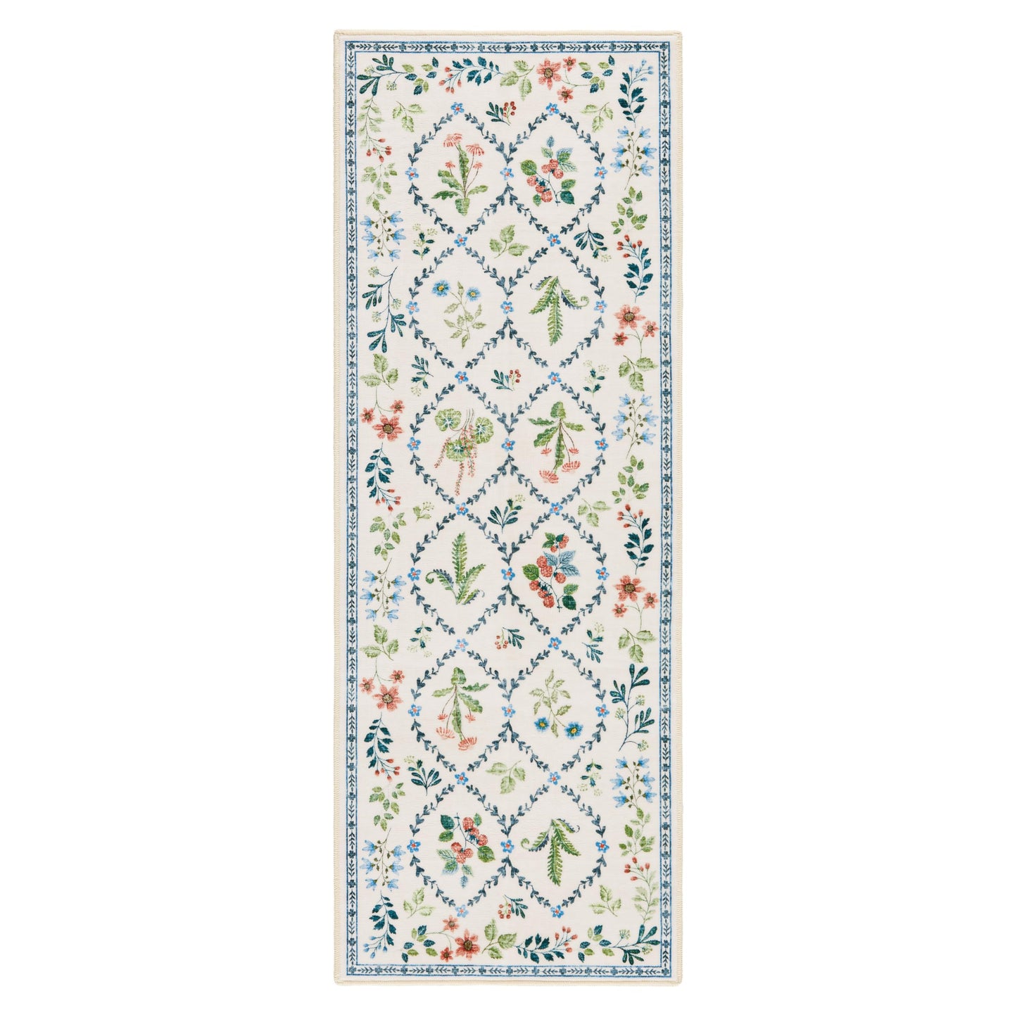 EVERWASH Haven Floral Trellis Machine Washable Area Rug with Airflo Technology for Easy Clean, Ultra-Soft Non-Slip Rug with Built-in Pad, Pet, Family & Allergy Friendly, Ivory, 2'6"x7'