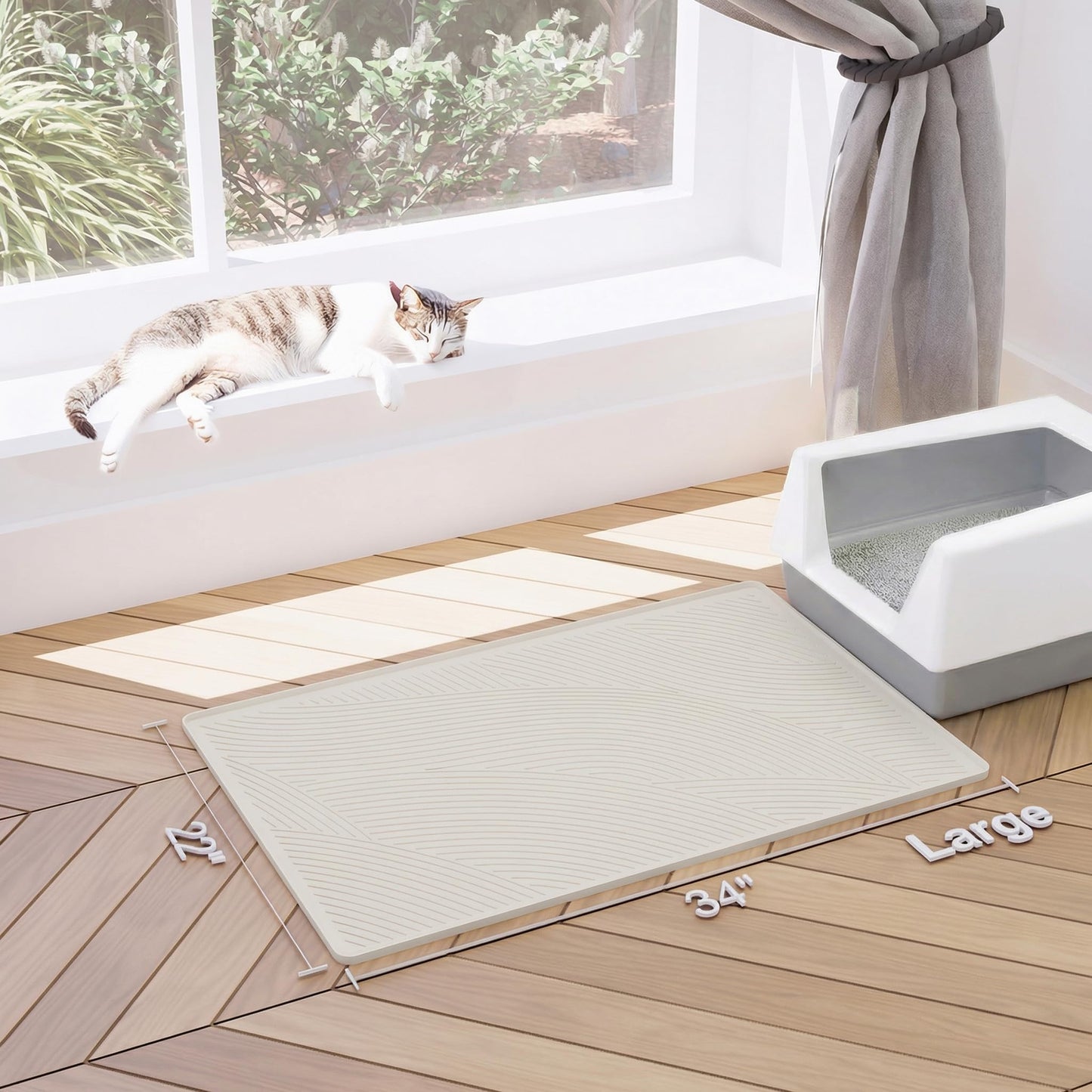 BANLYEO Cat Litter Box Mat - L Large Size 34 x 22 in, Water Proof, Kitty Litter Trapping Mat, Easy to Clean, Scatter Control, Odorless, Pet Supplies for Indoor Cats, Warm Beige