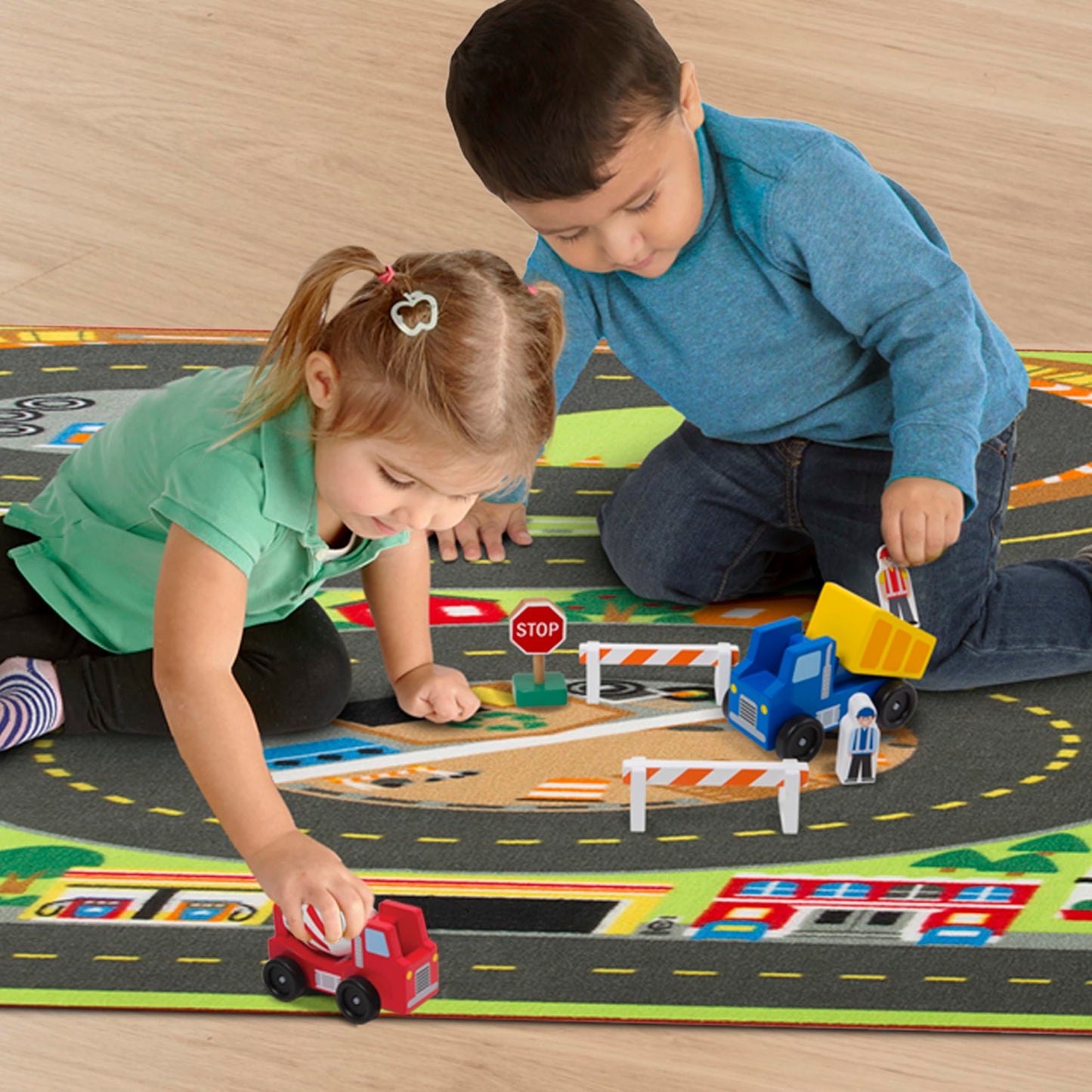 Melissa & Doug Jumbo Roadway Activity Rug, 4 Wooden Traffic Signs, 79" L X 60" W Pretend Play Road Activity Rug