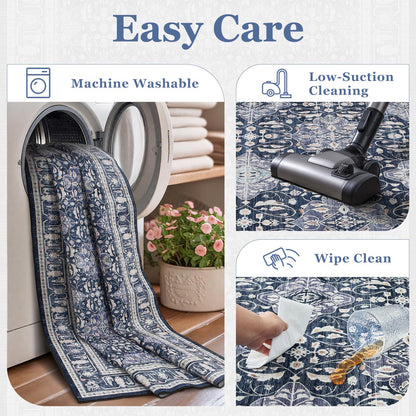 Jainmy Dark Blue 5x7 Area Rugs for Living Room Bedroom, Transitional Boho Moroccan Floral Trellis Printed, Washable Non Slip Low Pile Ultra Thin Soft Carpet Rugs for Dining Room/Kitchen/Home Office