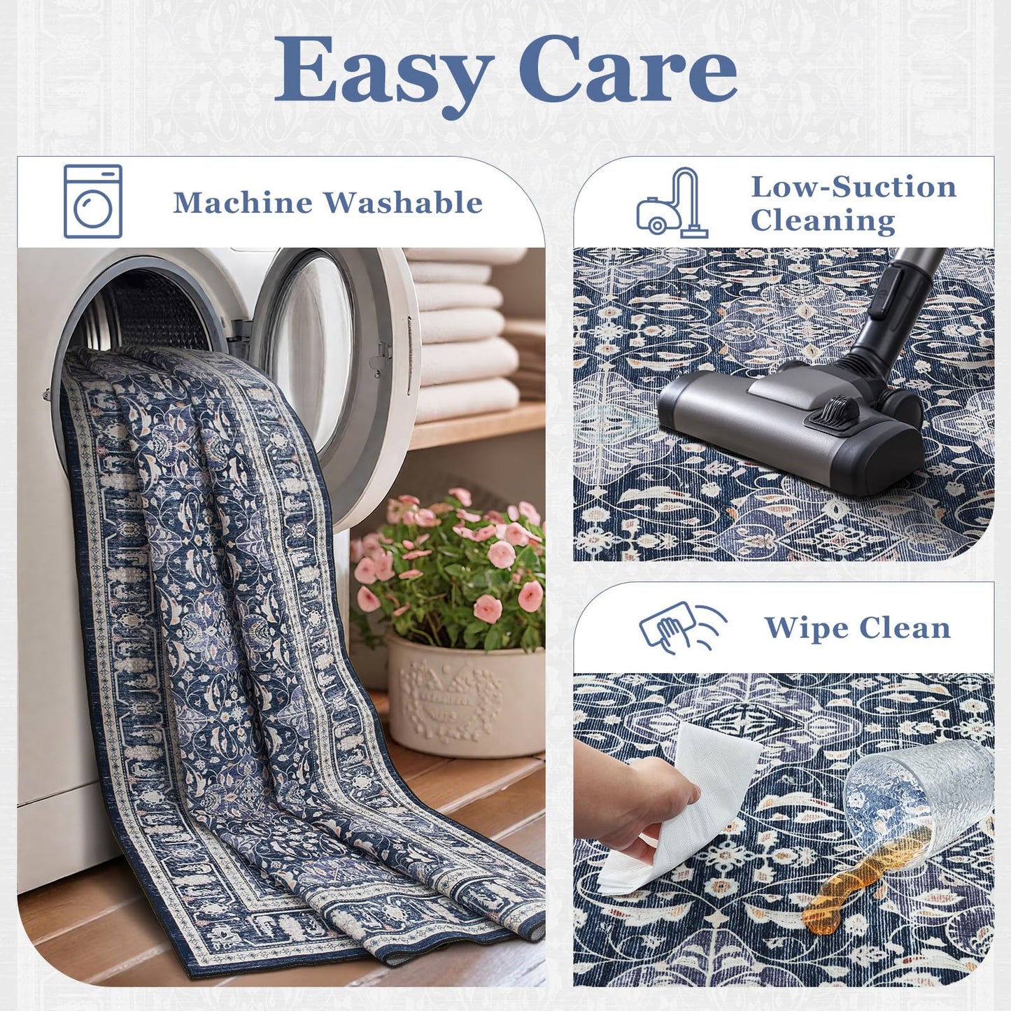 Jainmy Dark Blue Area Rug 6x9, Boho Floral Moroccan Trellis Printed Transitional Style Rugs for Living Room Bedroom, Washable Non Slip Low Pile Thin Carpet Rug for Dining Room Guest Room Home Office