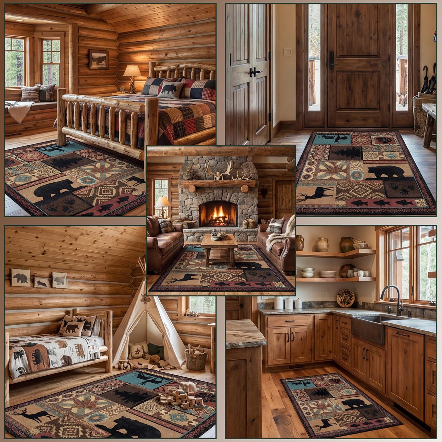 Washable Area Rug 3x5, Rustic Lodge Bear Rugs for Entryway Non Slip Low Pile Southwestern Area Rugs Vintage Large Soft Carpet for Bedroom Office Kitchen Dining Room