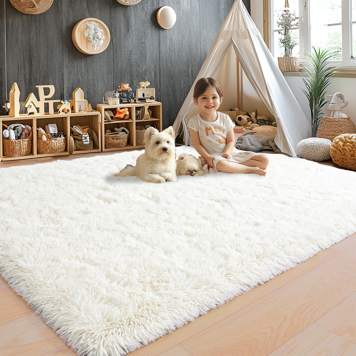 Area Rugs 9x12 for Living Room, Ultra Soft Fluffy Rugs for Bedroom, Non-Slip Furry Large Rug for Teen Girls and Boys,Nursery Kids Room Dorm Home Decor, High Pile Plush Floor Carpet, Cream White