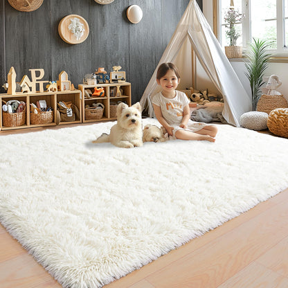 Area Rugs 9x12 for Living Room, Ultra Soft Fluffy Rugs for Bedroom, Non-Slip Furry Large Rug for Teen Girls and Boys,Nursery Kids Room Dorm Home Decor, High Pile Plush Floor Carpet, Cream White