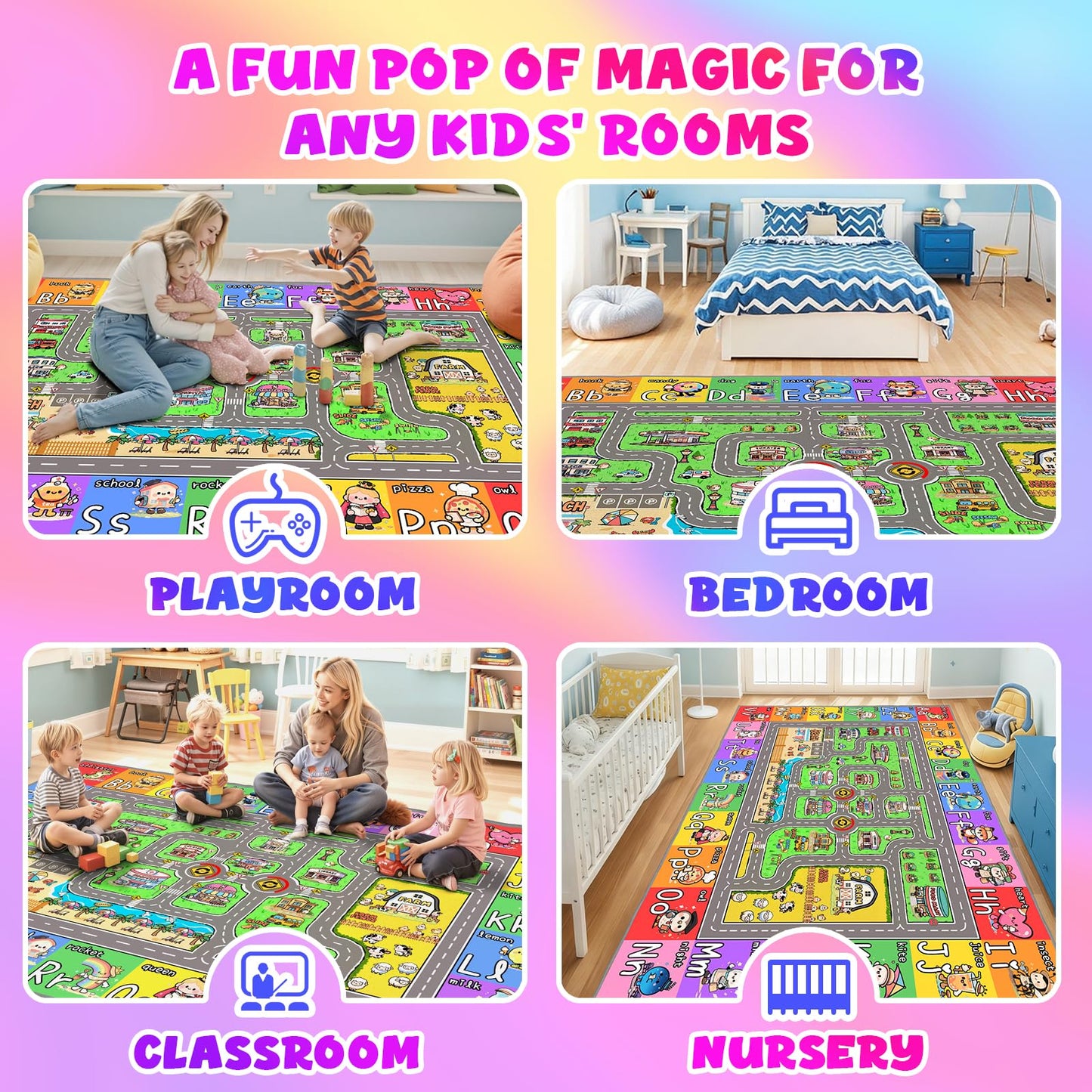Kids Car Rug for Playroom, Bedroom, Classroom, 8x10 Kids Play Mat with Road, ABC, Buildings, Car Road Carpet, Educational Toddler Rug for Boys, Girls