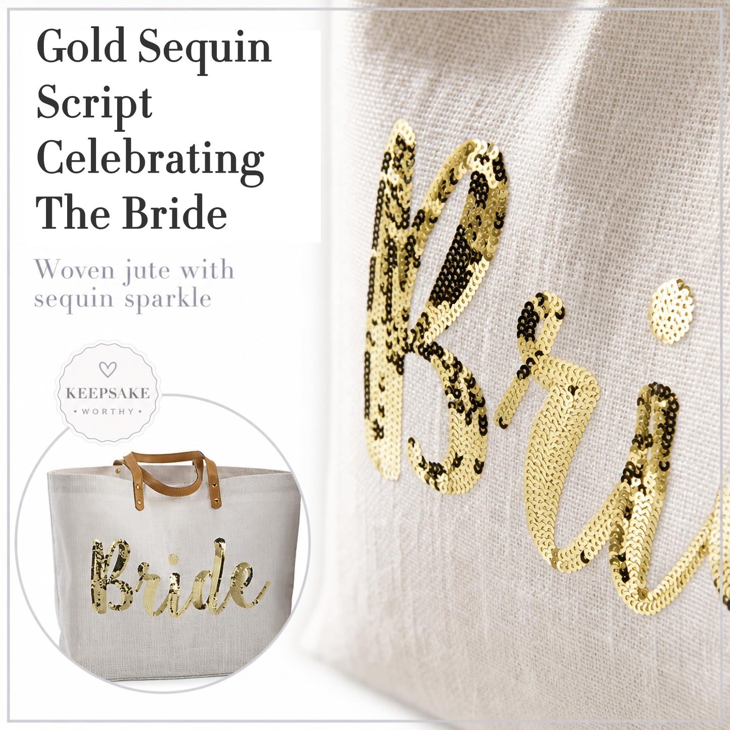 Mud Pie Bride Tote Bag, Bridal Shower Gift with Gold Sequin Script, Bridal Bag With Vegan Leather Handles