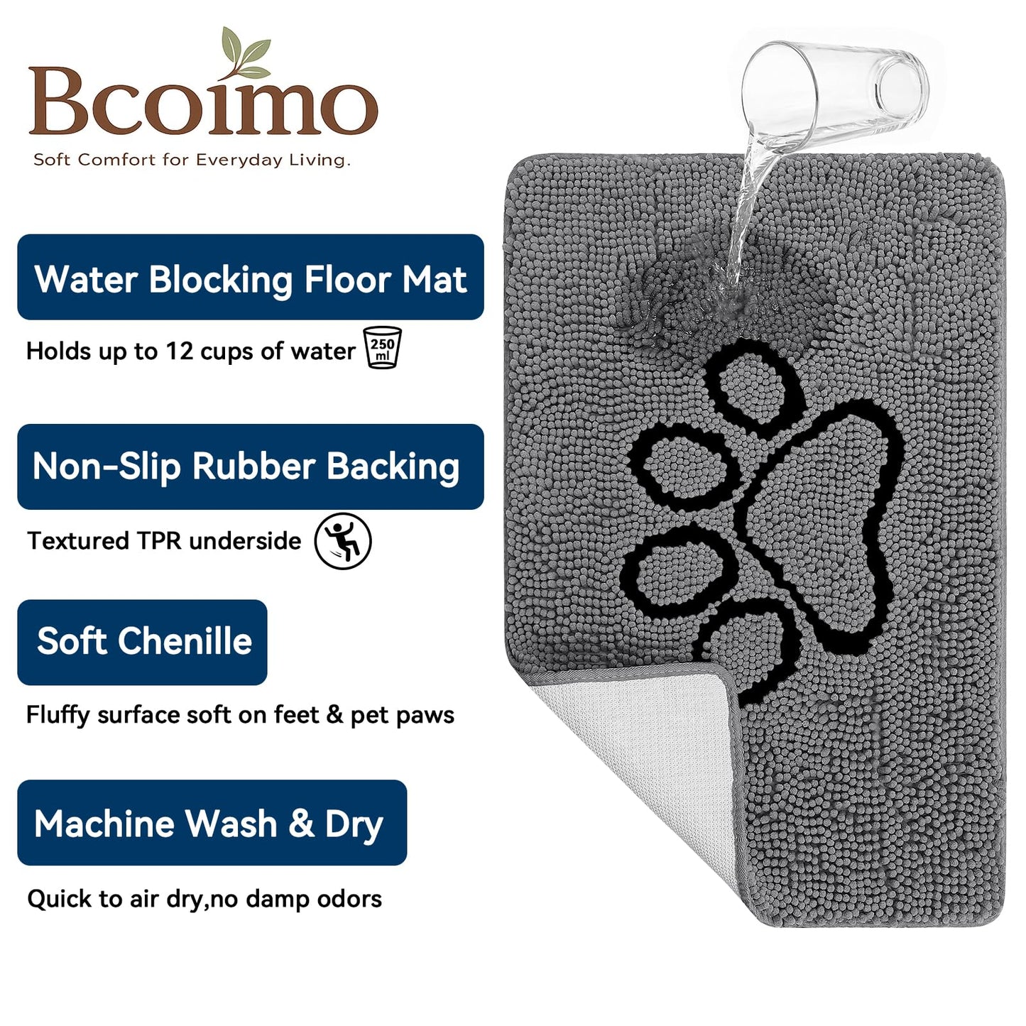 Bcoimo Super Absorbent Chenille Doormat – Non-Slip Quick Dry Entryway Rug Ideal for Homes with Dogs, Machine Washable Dirt Trapper for Muddy Paws (Grey 30×20 Inches)