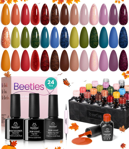 Beetles Halloween Gel Nail Polish - 39 Pcs Jelly Nail Set Glitter Changing Nail Polish Kit Treasure Box Collection with 3Pcs Base Matte and Glossy Top Soak Off Nails