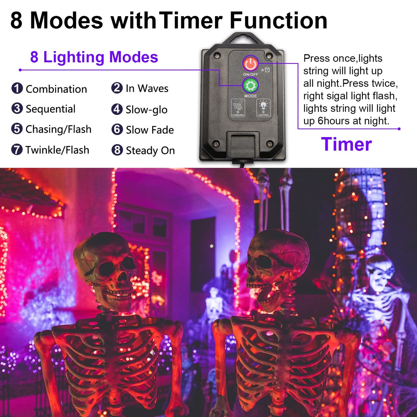 Solar String Lights for Outside, Purple Halloween Lights Outdoor Waterproof 2Pack Total 144ft 400 LED 8 Modes with Timer, IP44 Twinkle Lights for Party, Patio, Garden, Decor