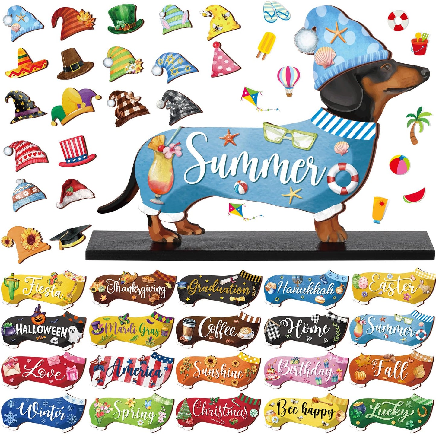 Anglechic 42 Pcs Interchangeable Summer Dachshund Holiday Wiener Dog Decor Seasonal Welcome Sign Tier Tray Decoration Ornament Farmhouse Wood Home Office Desk Accessories for Women Pet Lover Gift