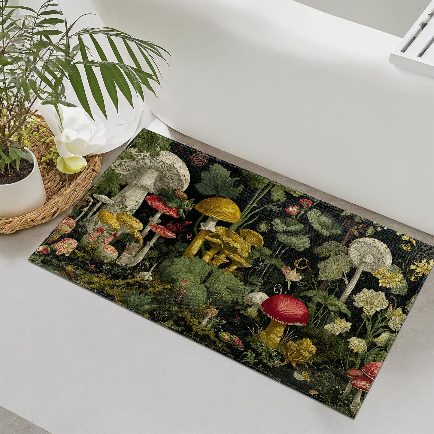 SOOYAH Mushroom Garden Indoor Door Mat, Fantasy Fungi and Plant Front Doormats, Magical Botanical Entryway Area Rug 17x29.5 Inch Soft Non Woven Floor Mats for Hallway Kitchen Bathroom Decor Gifts