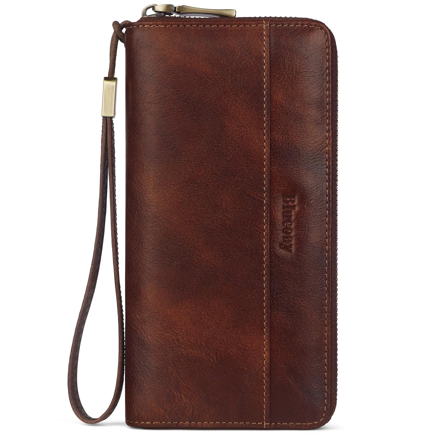 Blucoay Leather Wallet Women Wristlet RFID Blocking Large Capacity Long Wallet For Women Card Holder With Zip Coin Pocket(darkbrown)