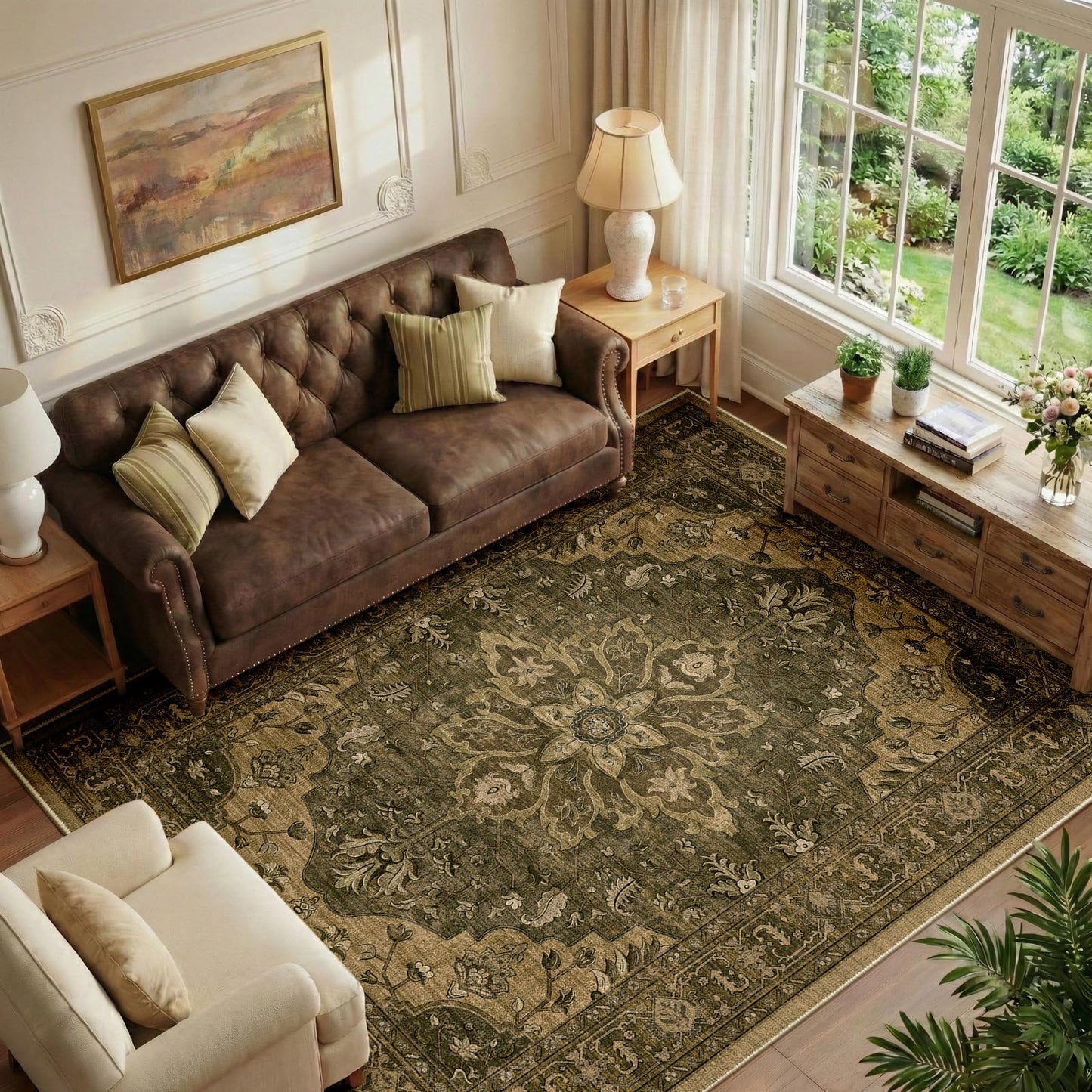 RELEANY Area Rugs 5'x7' Washable Non-Slip, Floral Vintage Distress Medallion Carpet for Living Room Bedroom Dining Room, Brown Dark Brown