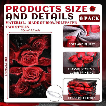 Breling Set of 6 Red Rose Kitchen Towels Vintage Themed Dish Towel Bathroom