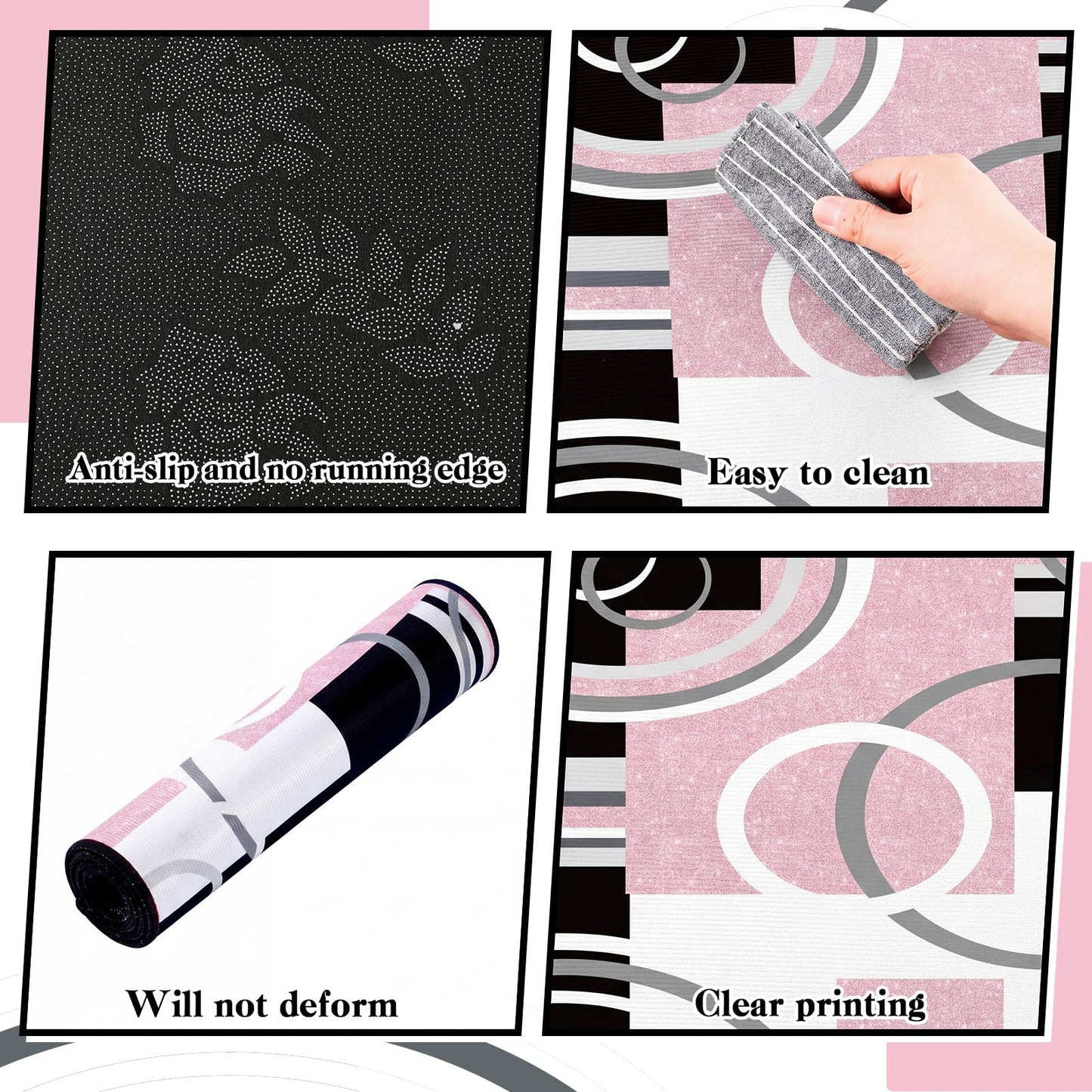 Maasechs 3 Pcs Pink Black Geometric Kitchen Rugs and Mats Set Anti Fatigue Floor Mat Non Slip Washable Modern Abstract Runner Rug Minimalist Kitchen Decor for Home Office Bathroom, 17"x30"+17"x47"