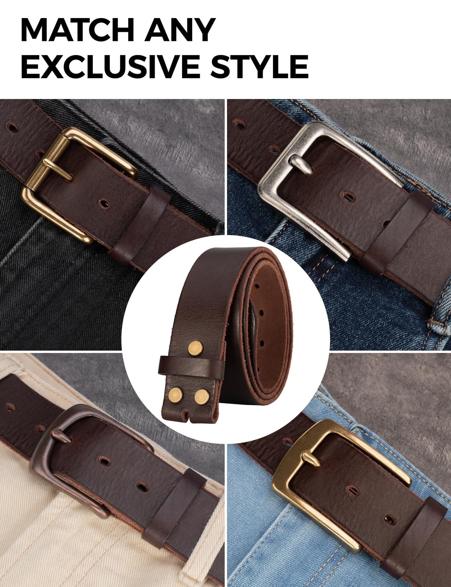 TYWestyles No Buckle Full Grain Leather Belt Men Women Fits With 1.5 Inch Buckle (Dark Brown, M（Fit Waist 31-33)