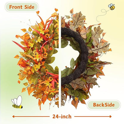 Fall Wreath for Front Door, 24 Inch Autumn Wreath with Berries,Lemon Leaves, Oak Leaves, and Maple Leaves Fall Decorations for Home, Artificial Flowers Harvest and Thanksgiving Indoor & Outdoor