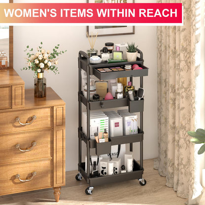 Goovilla 3 Tier Rolling Utility Cart Organizer with Removable Drawer, Stable and Sturdy Black Rolling Storage Carts with 2 Lockable Wheels for Bathroom, Kitchen, Snack, Craft, Makeup, Baby Essentials